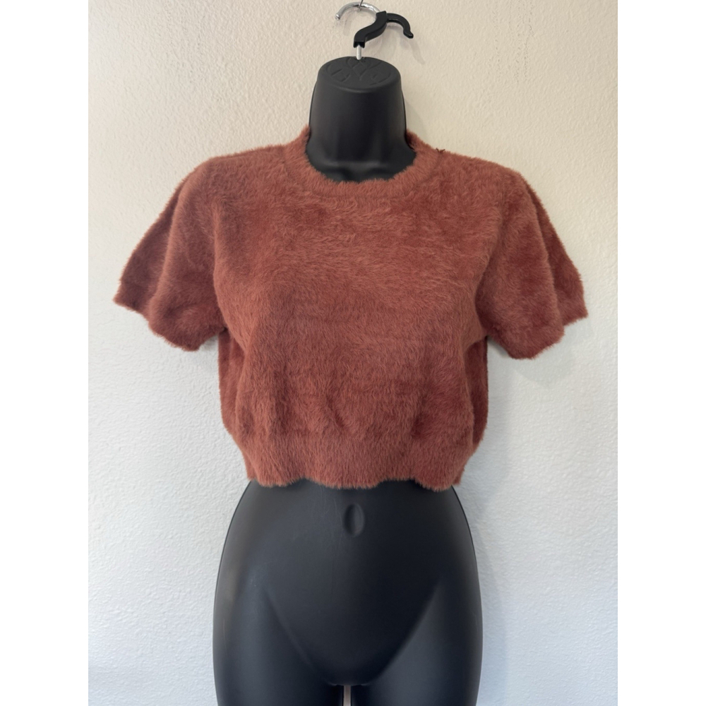Altar’d State Fuzzy Cropped Sweater Top M Rust Plush Short Sleeve Soft